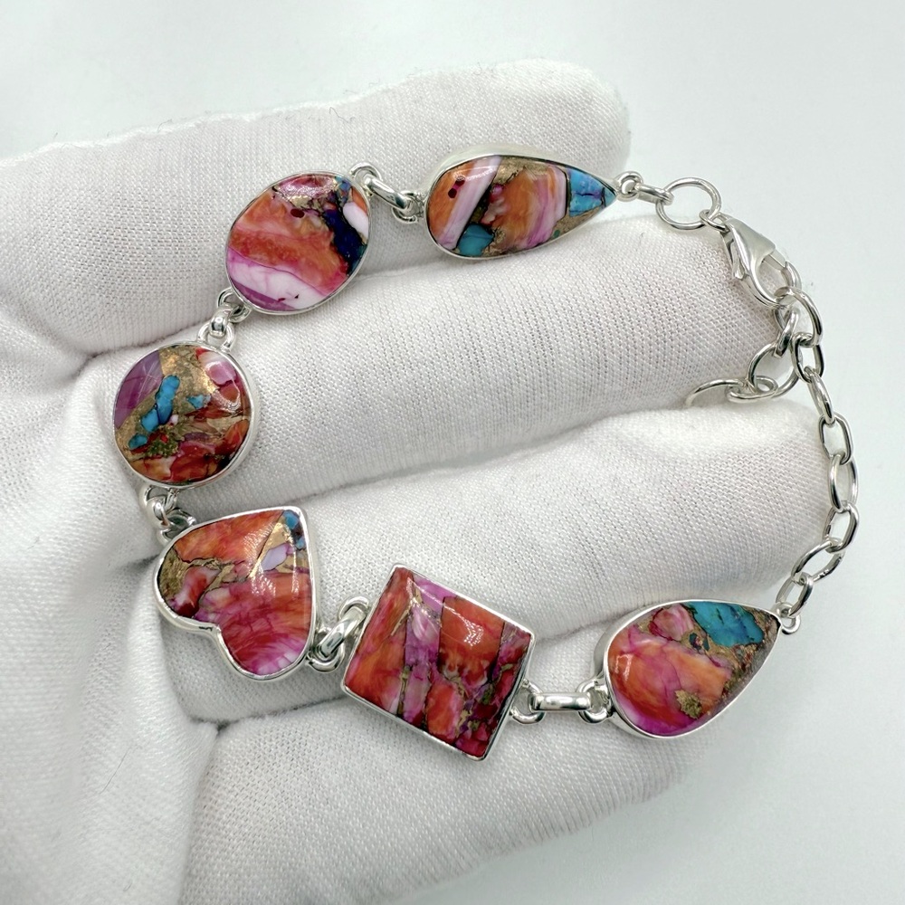 Pink Oyster Turquoise .925 Sterling Silver Bracelet - Picture 3 of 16